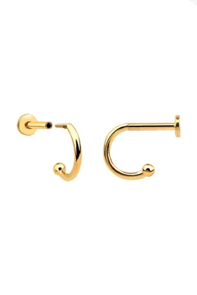 14K Solid Gold Cartilage Helix Tragus Curved Hook Internally Threaded Flat Back Earring Labret Stud