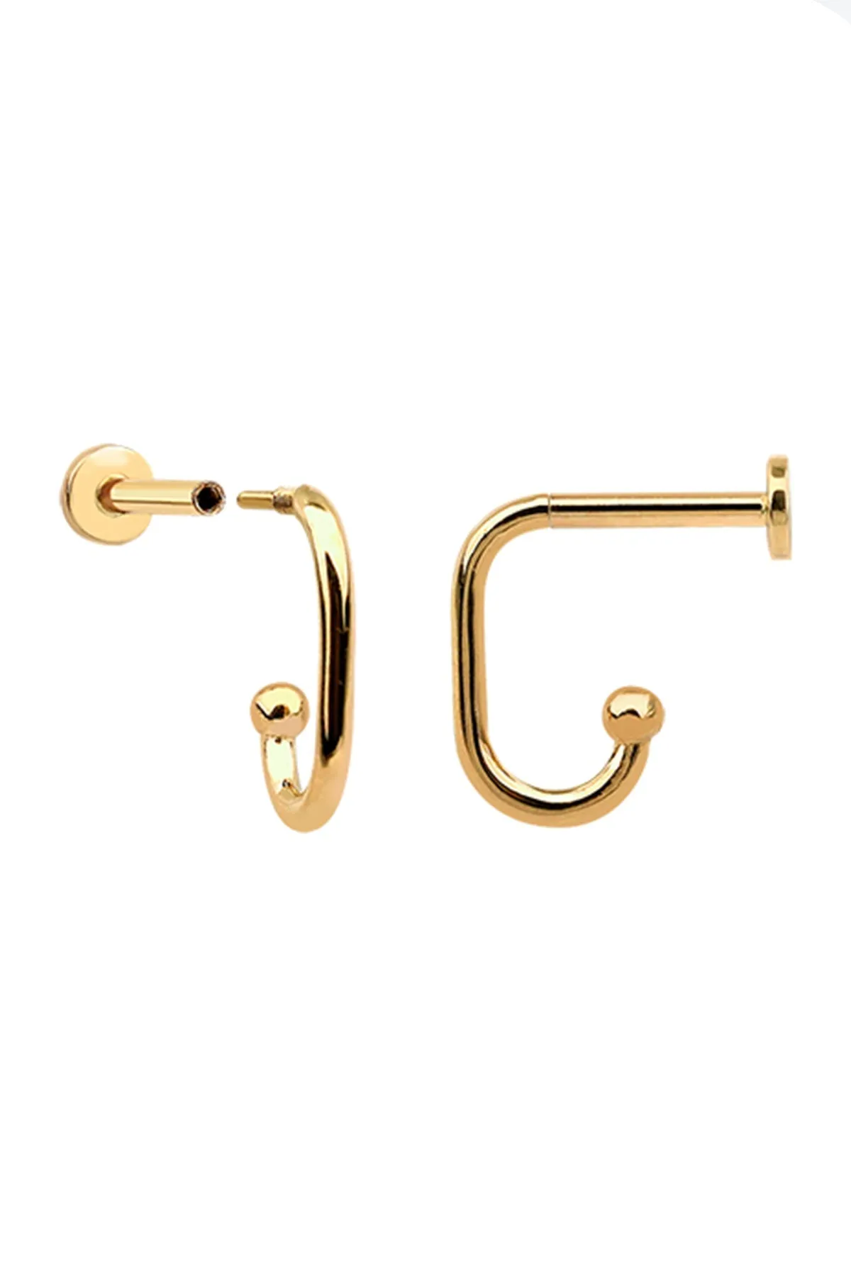 14K Solid Gold Cartilage Helix Tragus Curved Hook Internally Threaded Flat Back Earring Labret Stud