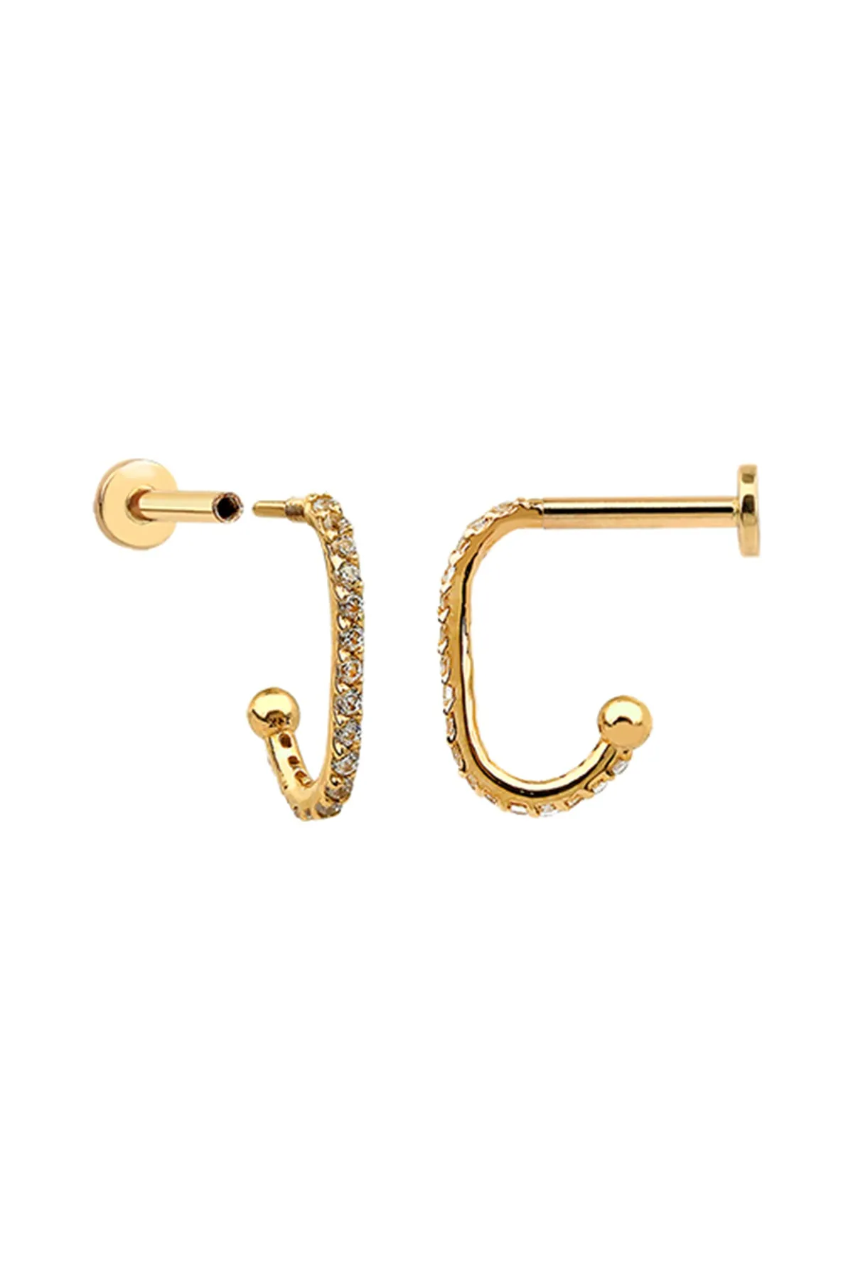 14K Solid Gold Cartilage Helix Tragus Cz Curved Hook Internally Threaded Flat Back Earring Labret Stud