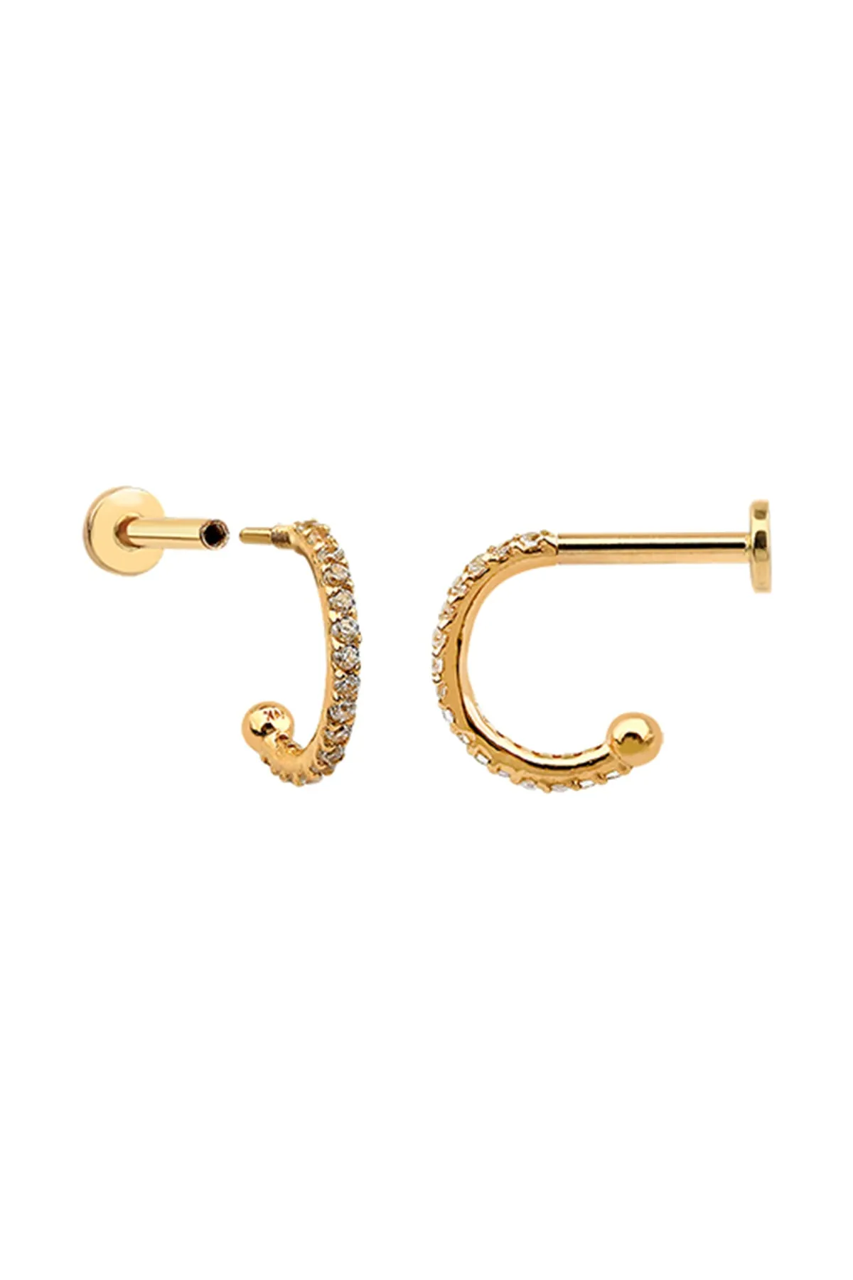 14K Solid Gold Cartilage Helix Tragus Cz Curved Hook Internally Threaded Flat Back Earring Labret Stud