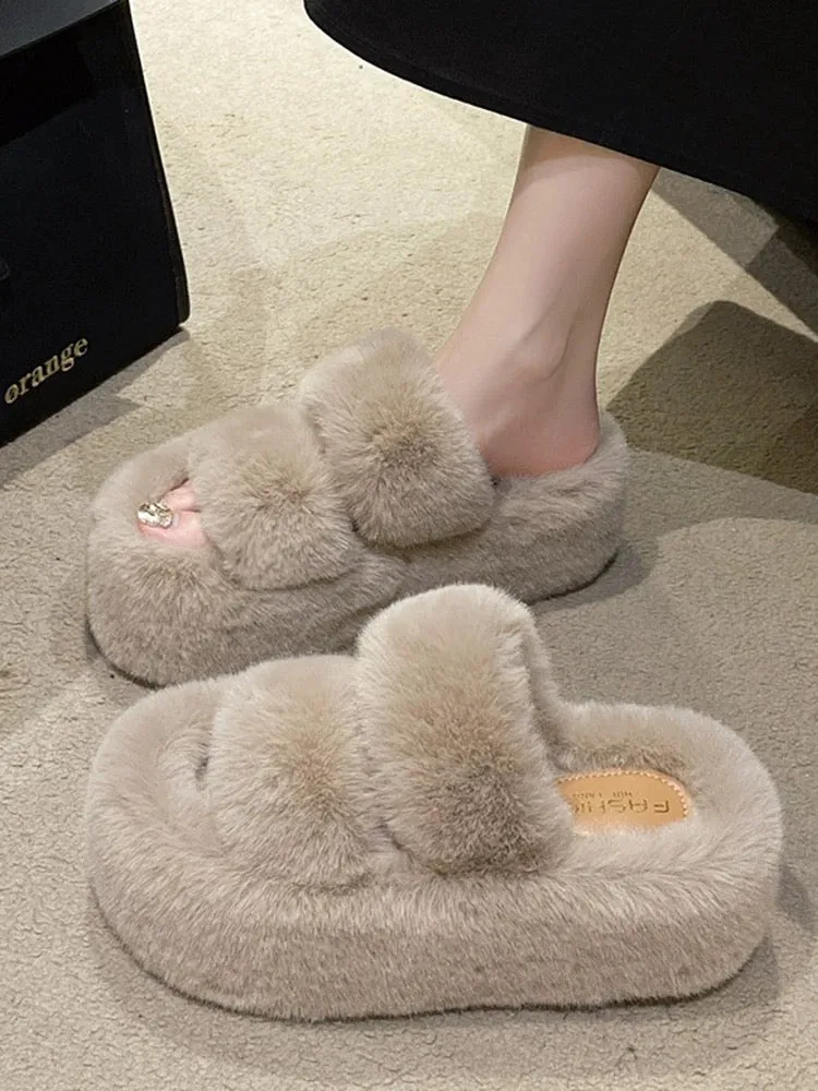 2024 Spring and Autumn New Style Small Thick-soled Pancake Thick-soled Height-increasing Plush Cotton Slippers for Women to Wear