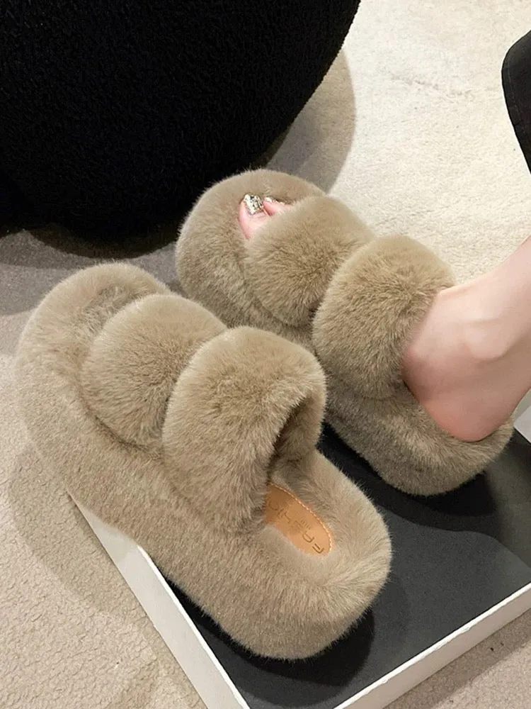 2024 Spring and Autumn New Style Small Thick-soled Pancake Thick-soled Height-increasing Plush Cotton Slippers for Women to Wear