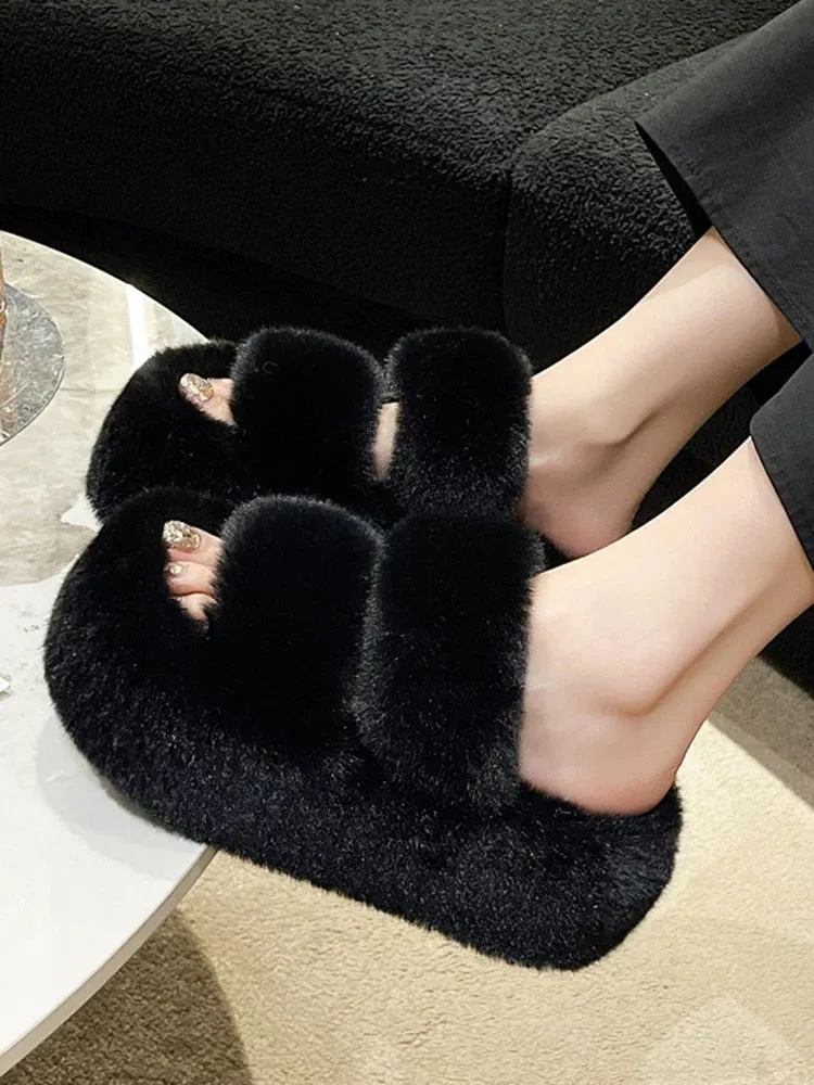 2024 Spring and Autumn New Style Small Thick-soled Pancake Thick-soled Height-increasing Plush Cotton Slippers for Women to Wear