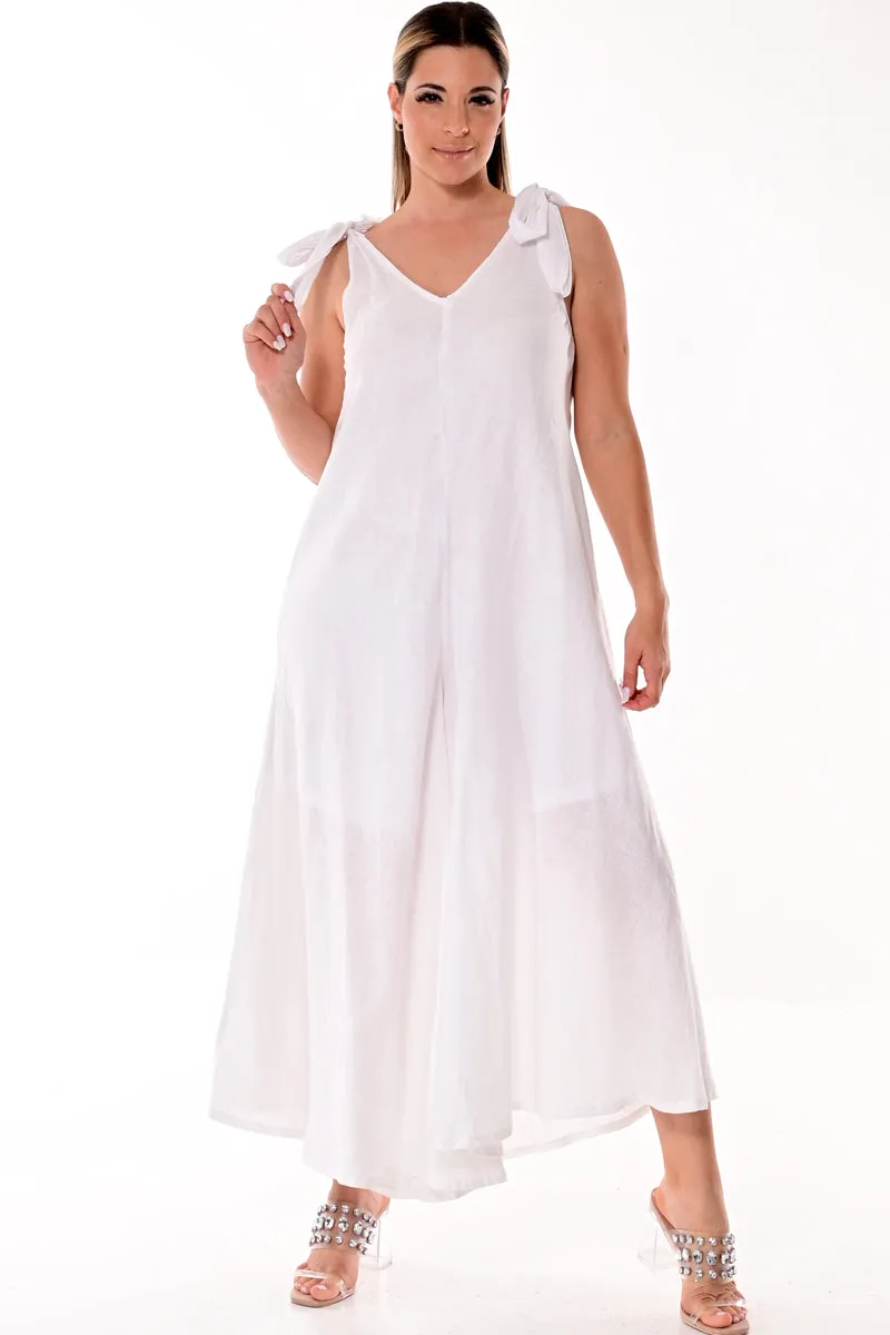 Azucar Ladies Linen Wide Leg Jumpsuit with Shoulder Ties - Available in 5 Colors