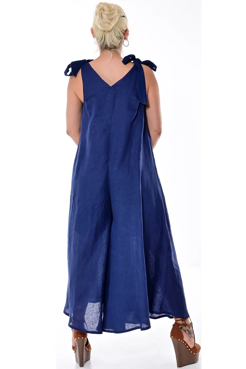 Azucar Ladies Linen Wide Leg Jumpsuit with Shoulder Ties - Available in 5 Colors