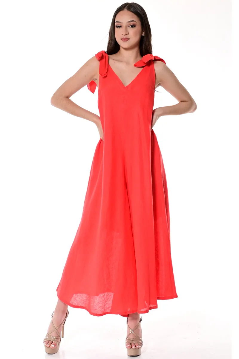 Azucar Ladies Linen Wide Leg Jumpsuit with Shoulder Ties - Available in 5 Colors