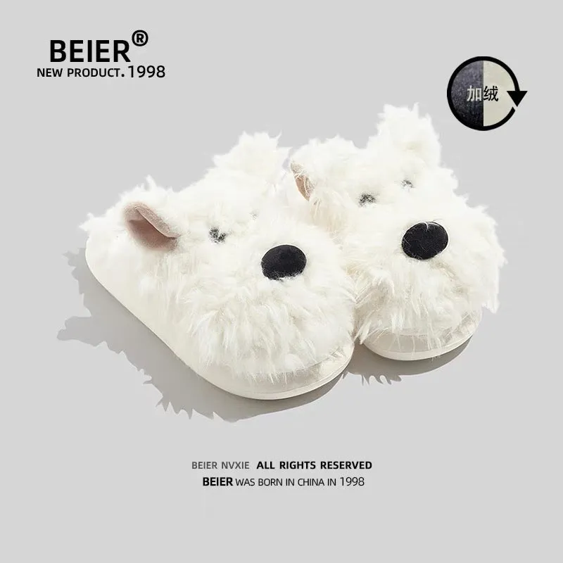 BEIER cute furry slippers winter thick-soled soft fufu outer wear popular cartoon toe cotton shoes new women's shoes