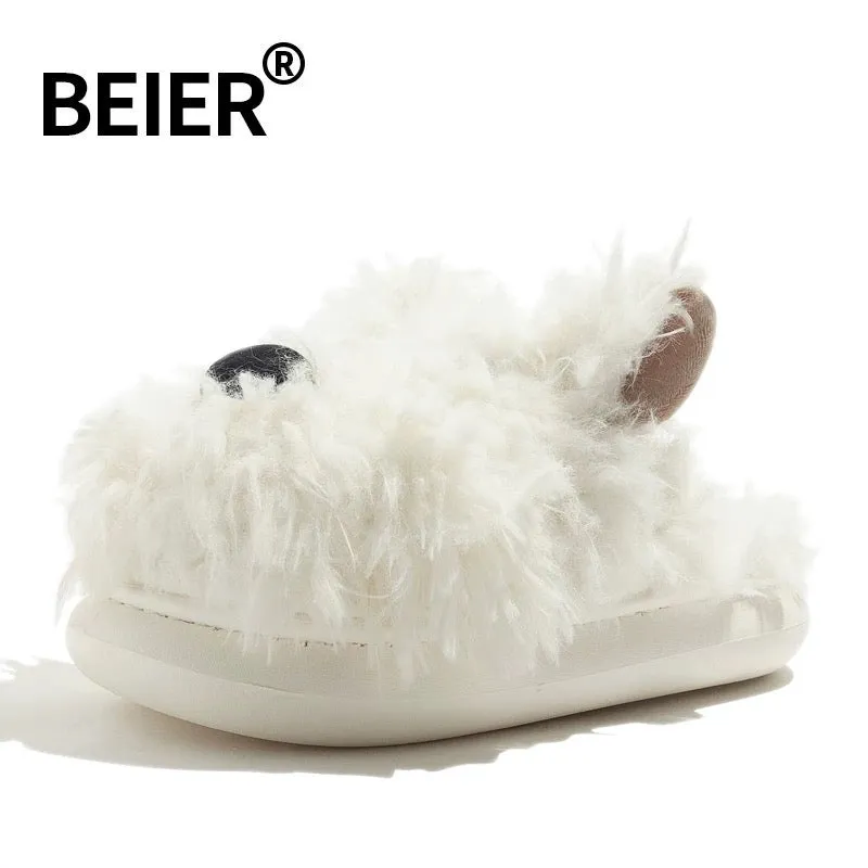 BEIER cute furry slippers winter thick-soled soft fufu outer wear popular cartoon toe cotton shoes new women's shoes