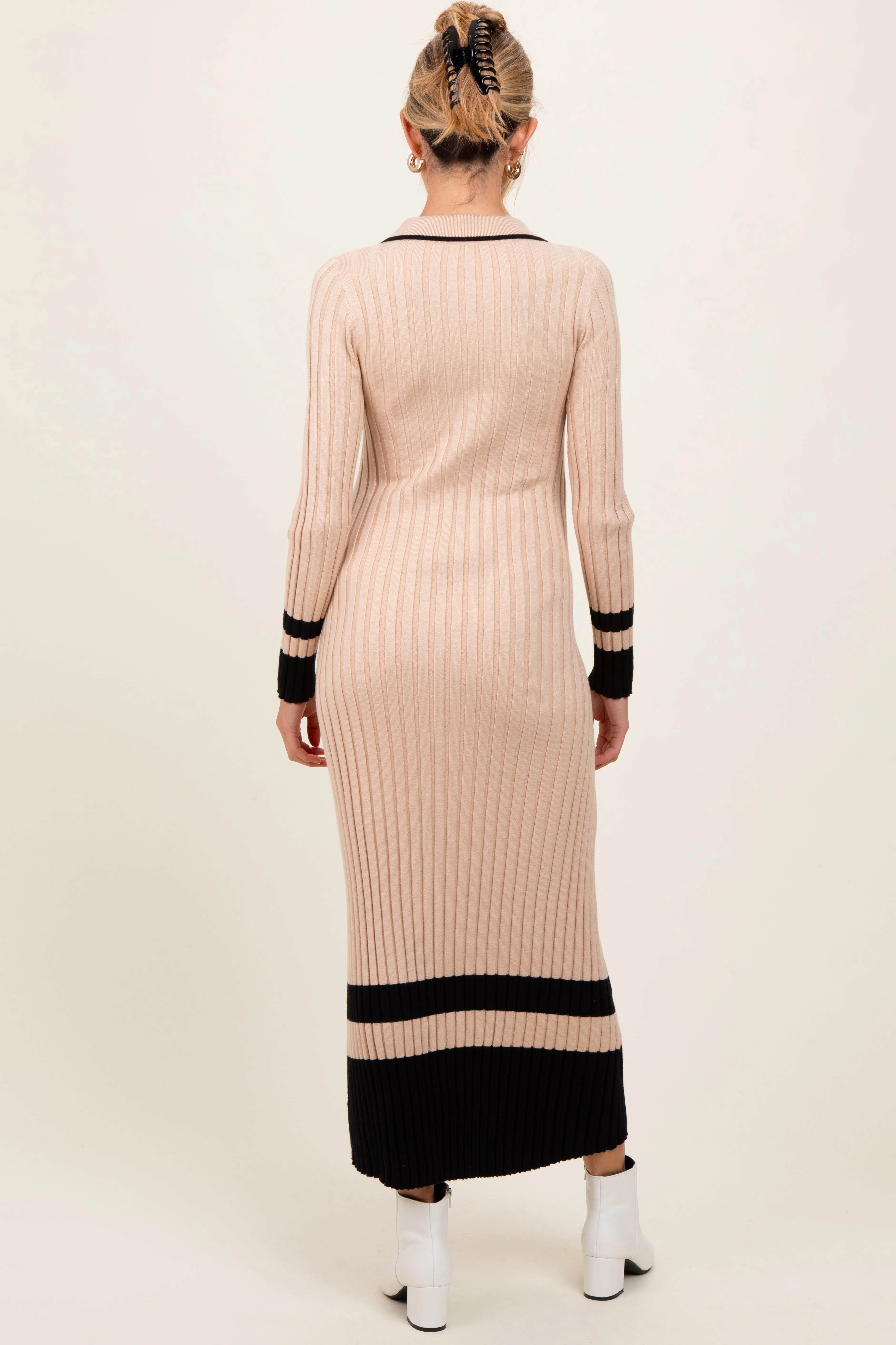 Beige Contrast Trim Knit Polo Maternity Midi Dress