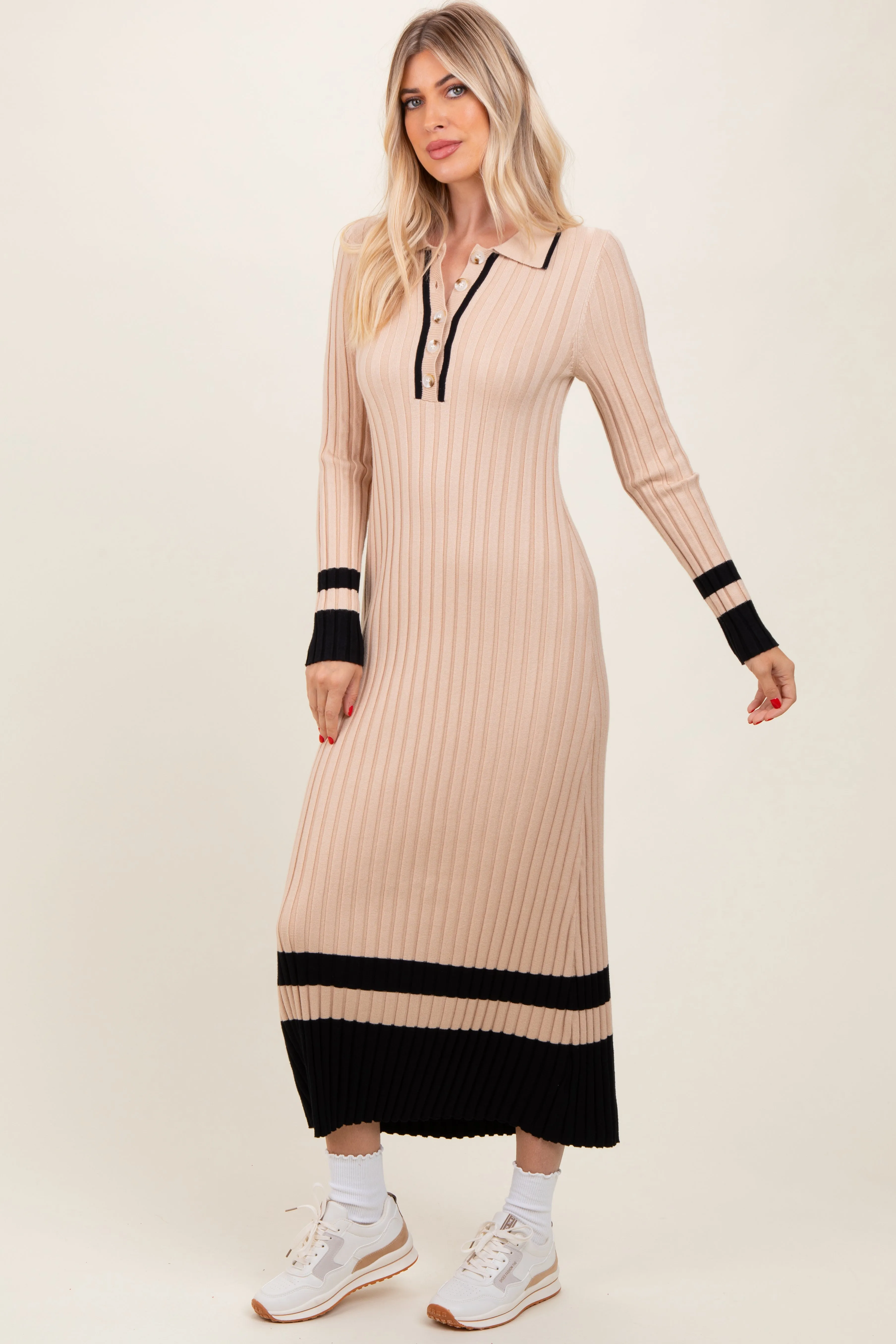 Beige Contrast Trim Knit Polo Midi Dress