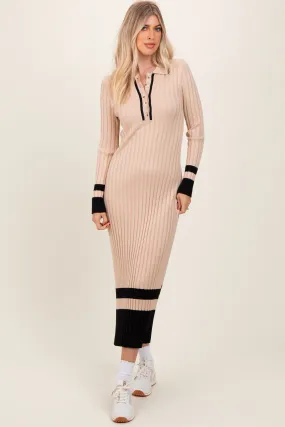 Beige Contrast Trim Knit Polo Midi Dress