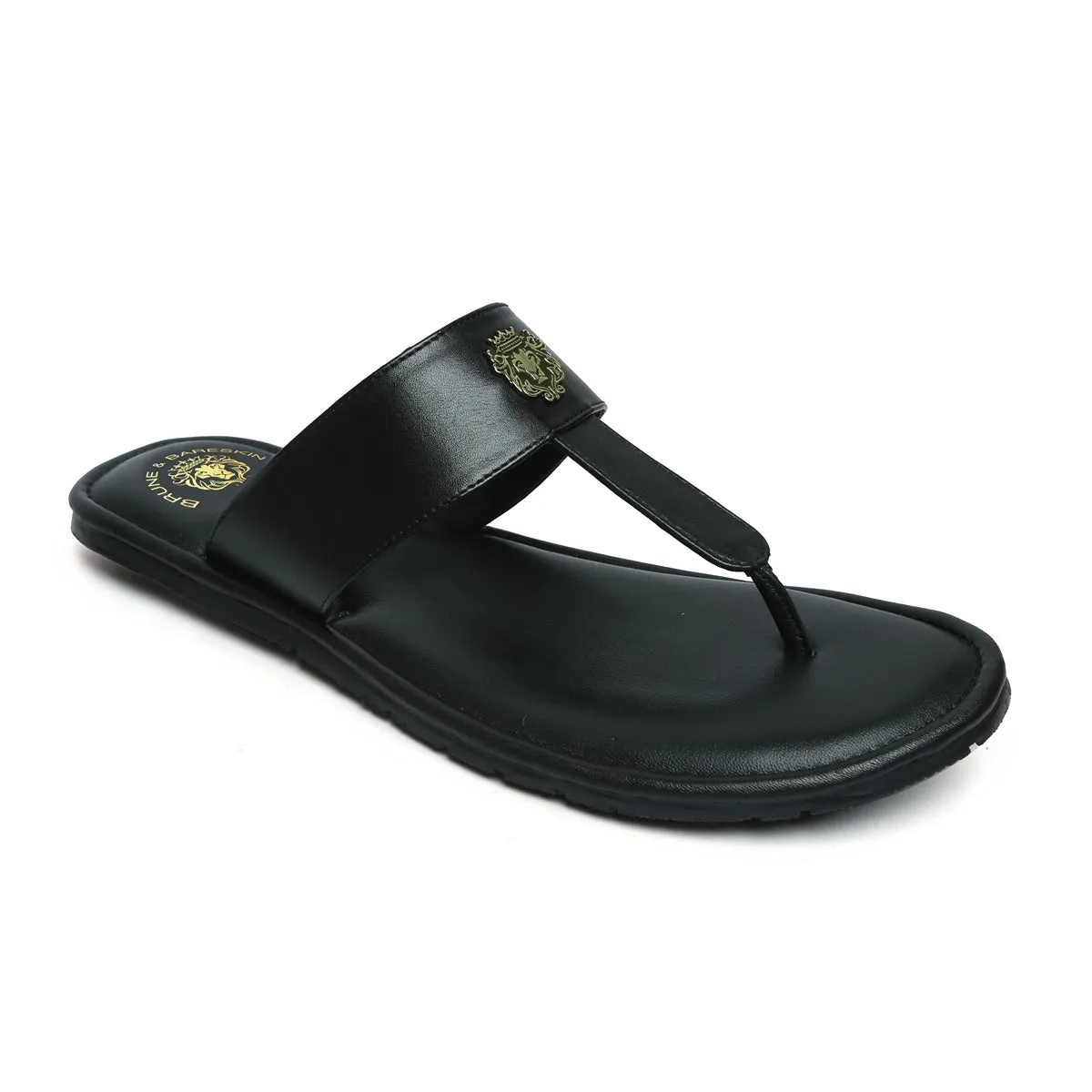 Black Leather T-Strap Slide-in Slippers with Golden Metal Lion