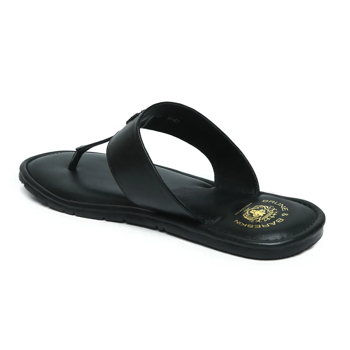 Black Leather T-Strap Slide-in Slippers with Golden Metal Lion