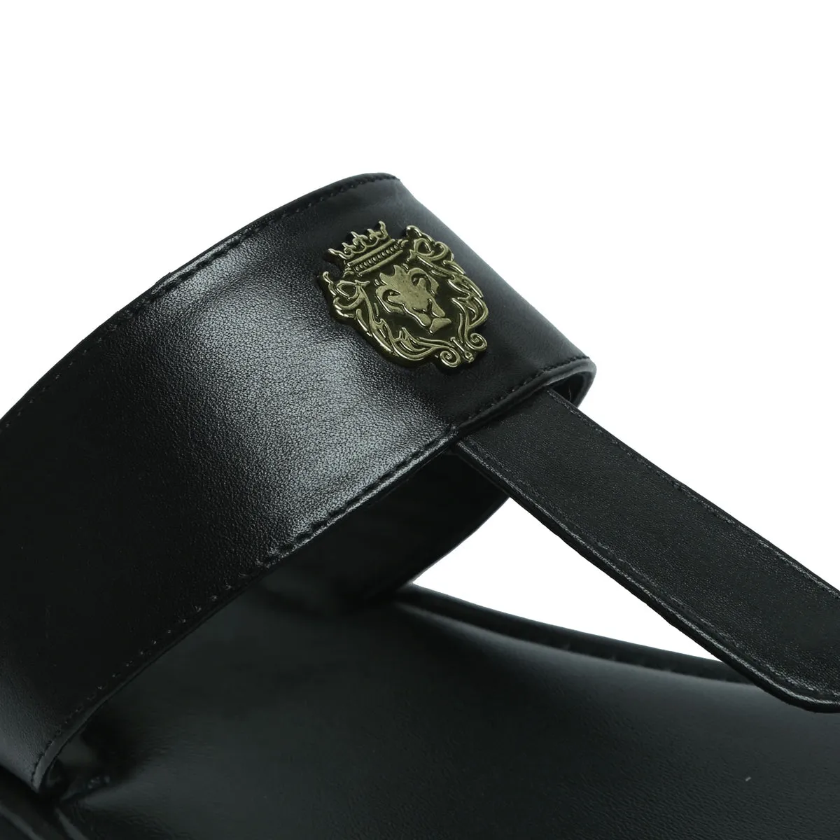 Black Leather T-Strap Slide-in Slippers with Golden Metal Lion