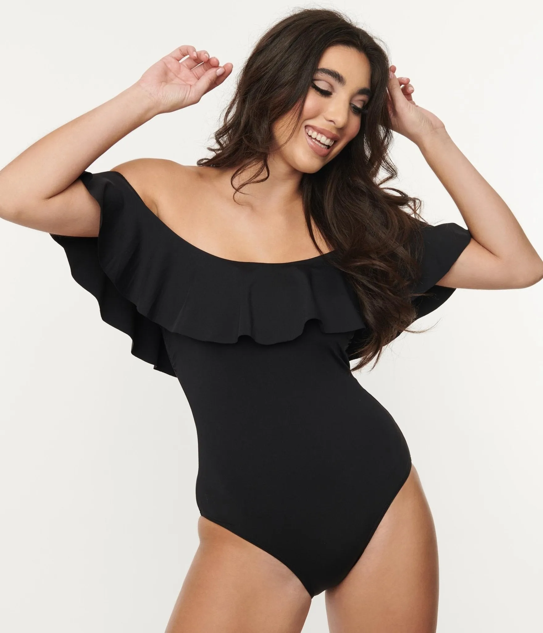 Black Off Shoulder Ruffle Swimsuit from the 1970s