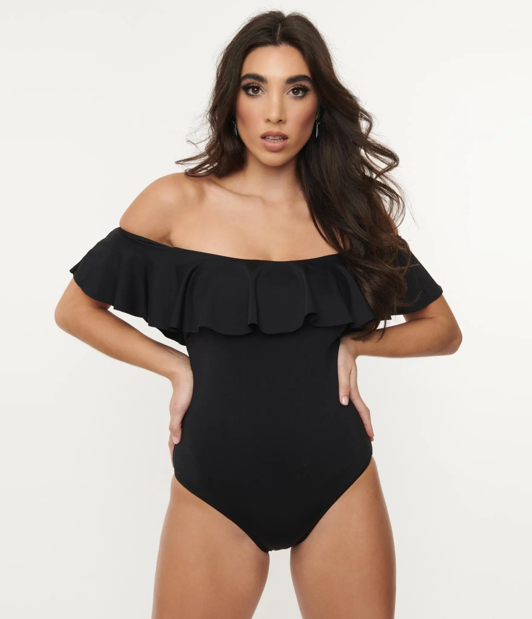 Black Off Shoulder Ruffle Swimsuit from the 1970s