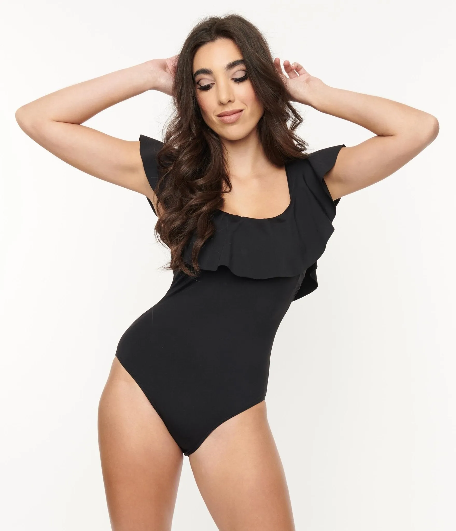 Black Off Shoulder Ruffle Swimsuit from the 1970s