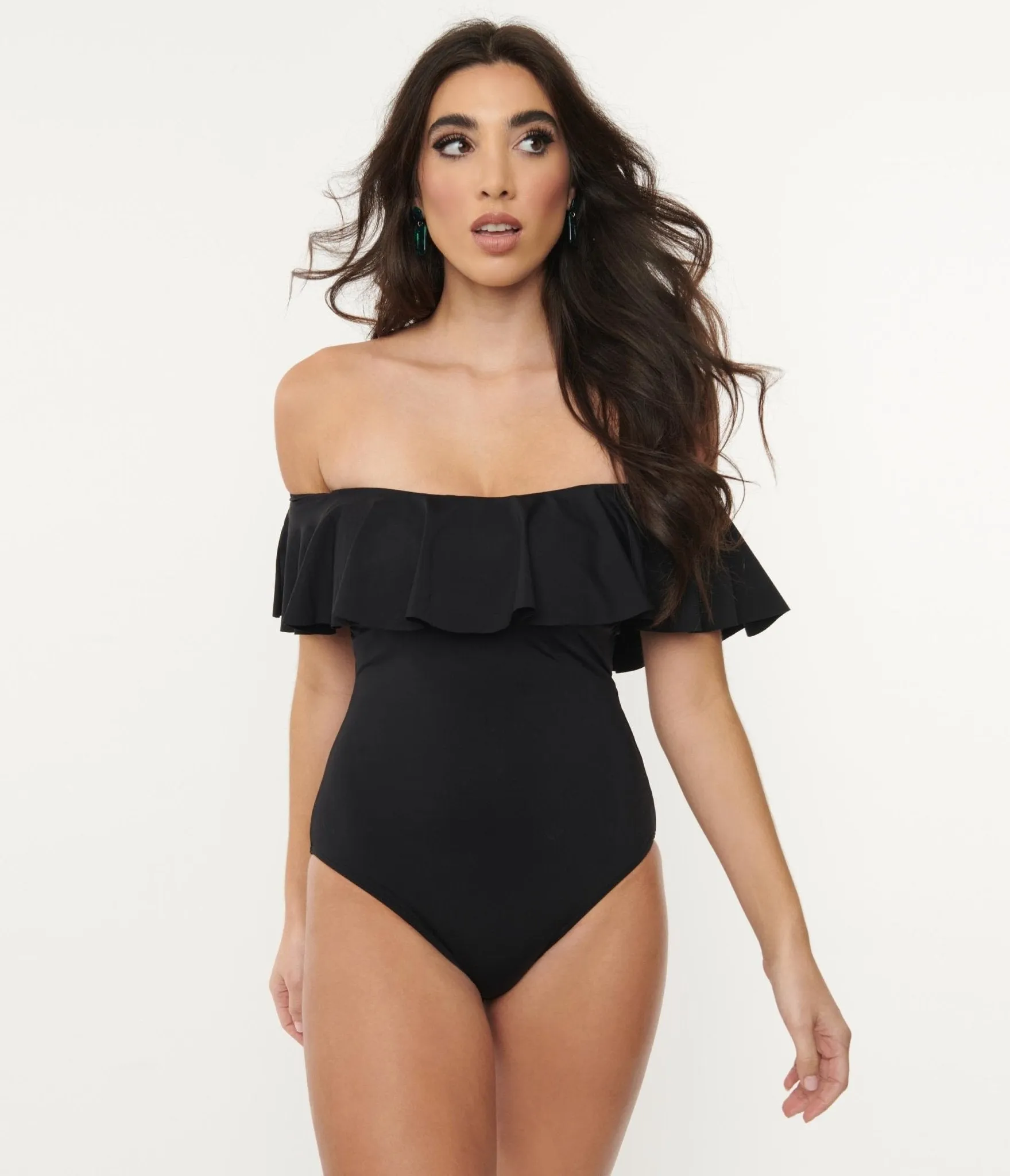 Black Off Shoulder Ruffle Swimsuit from the 1970s