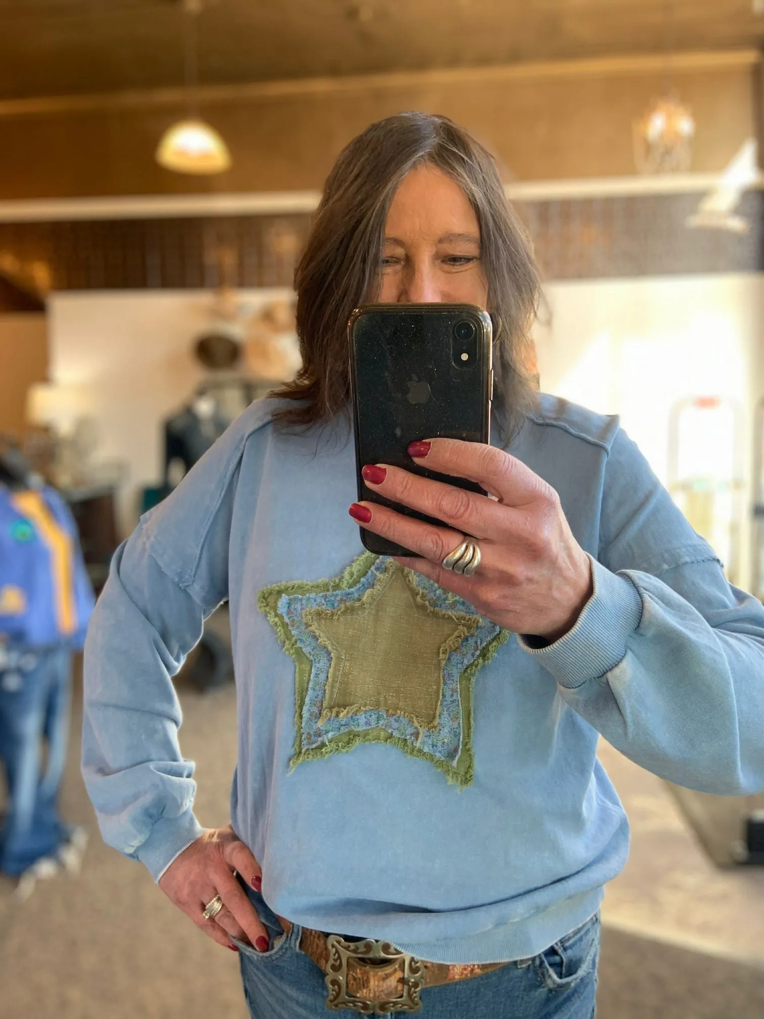 Floral Star Patch Blue Sweatshirt - Small (SML)