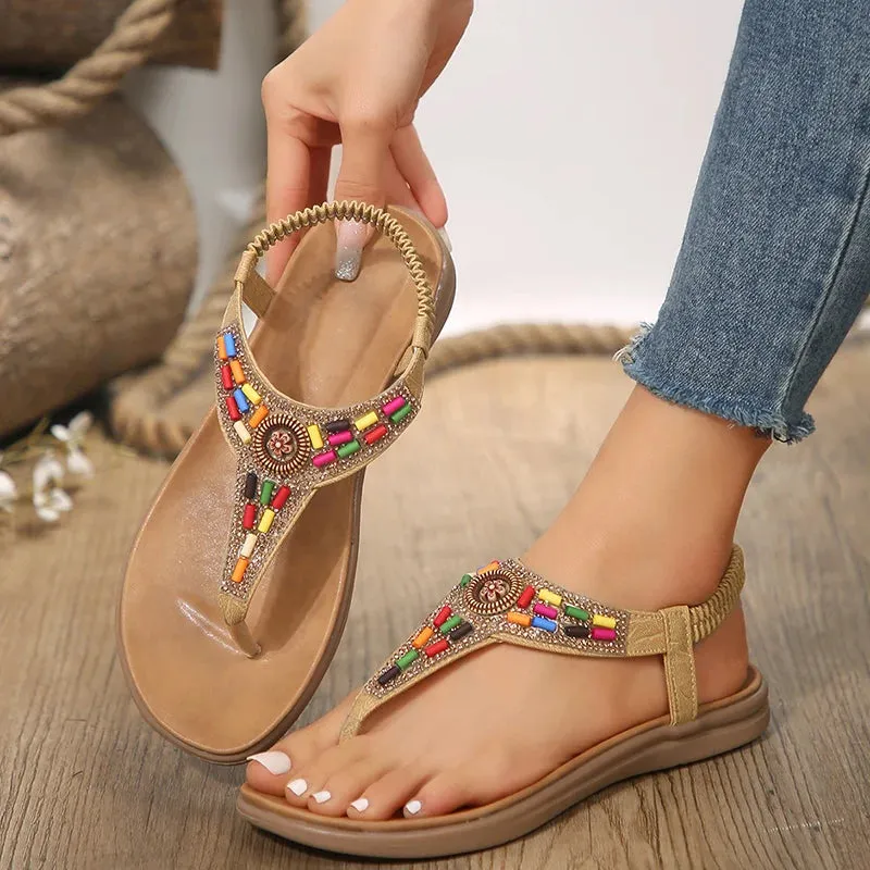 Bohemia Sandals Mix Color Flat Bling Crystal Non-Slip - Clip Toe Flat Heels