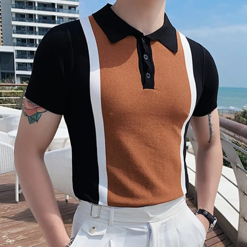 Breathable Knitted Polo Shirt for Men - Summer Short Sleeve Top with Contrast Colors