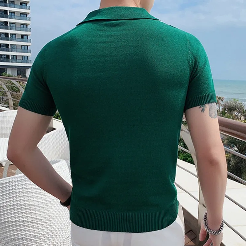 Breathable Knitted Polo Shirt for Men - Summer Short Sleeve Top with Contrast Colors