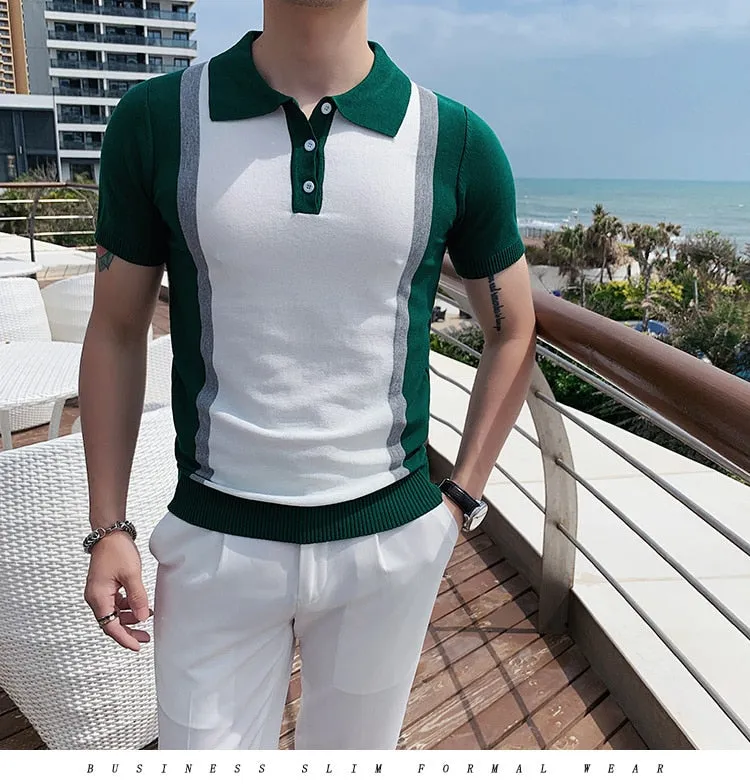 Breathable Knitted Polo Shirt for Men - Summer Short Sleeve Top with Contrast Colors