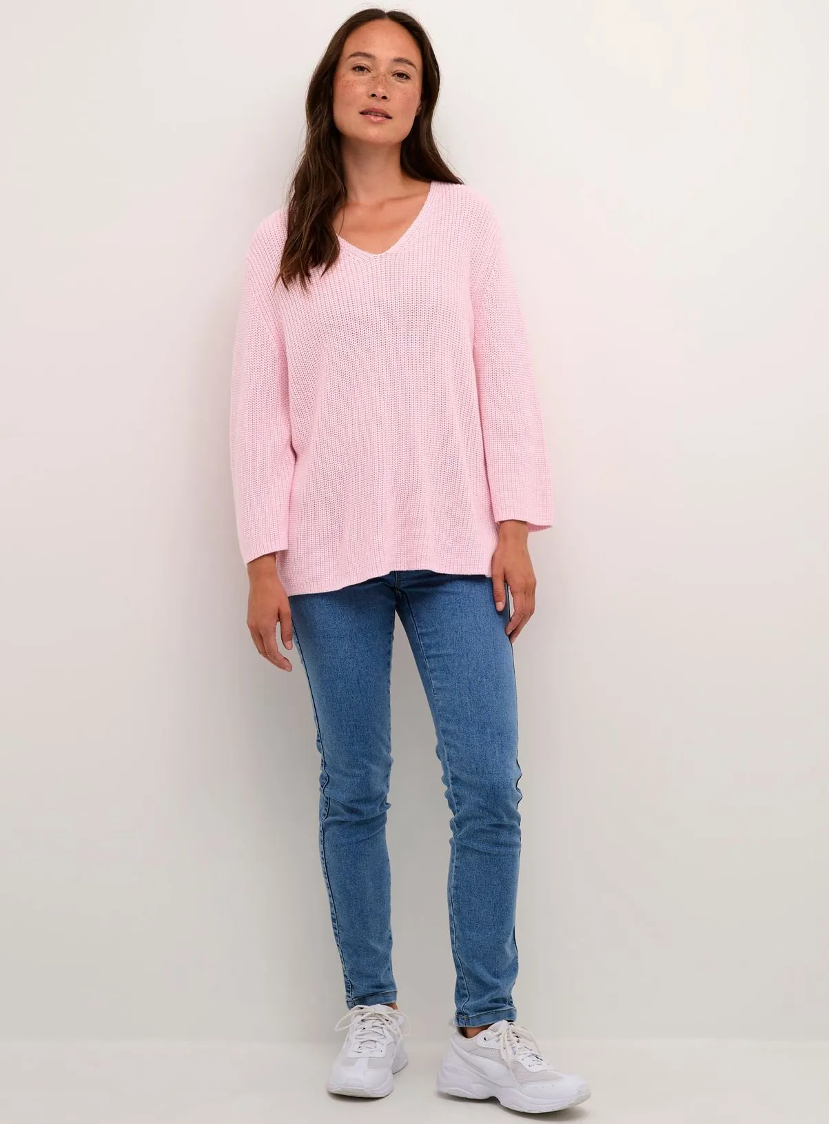 KAFFE Merian V Neck Cropped Sleeve Pullover Pink M Tu