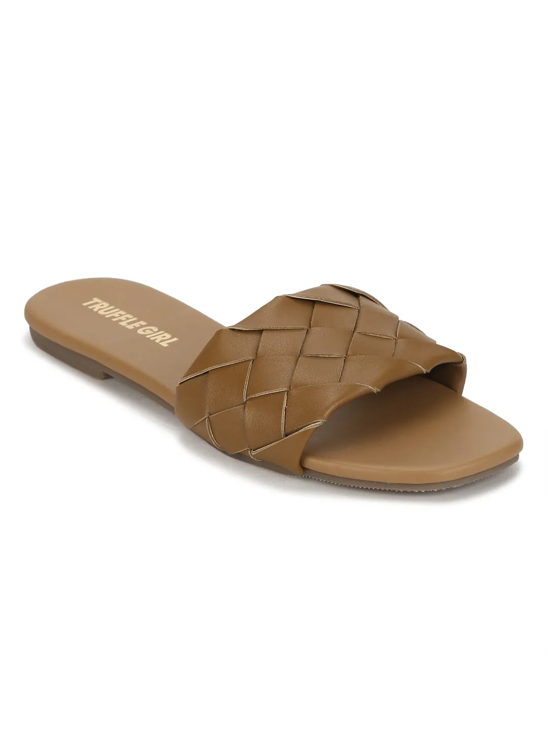 Camel PU Woven Slide On Flat Sandals