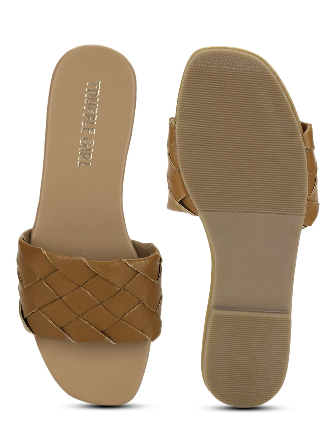 Camel PU Woven Slide On Flat Sandals