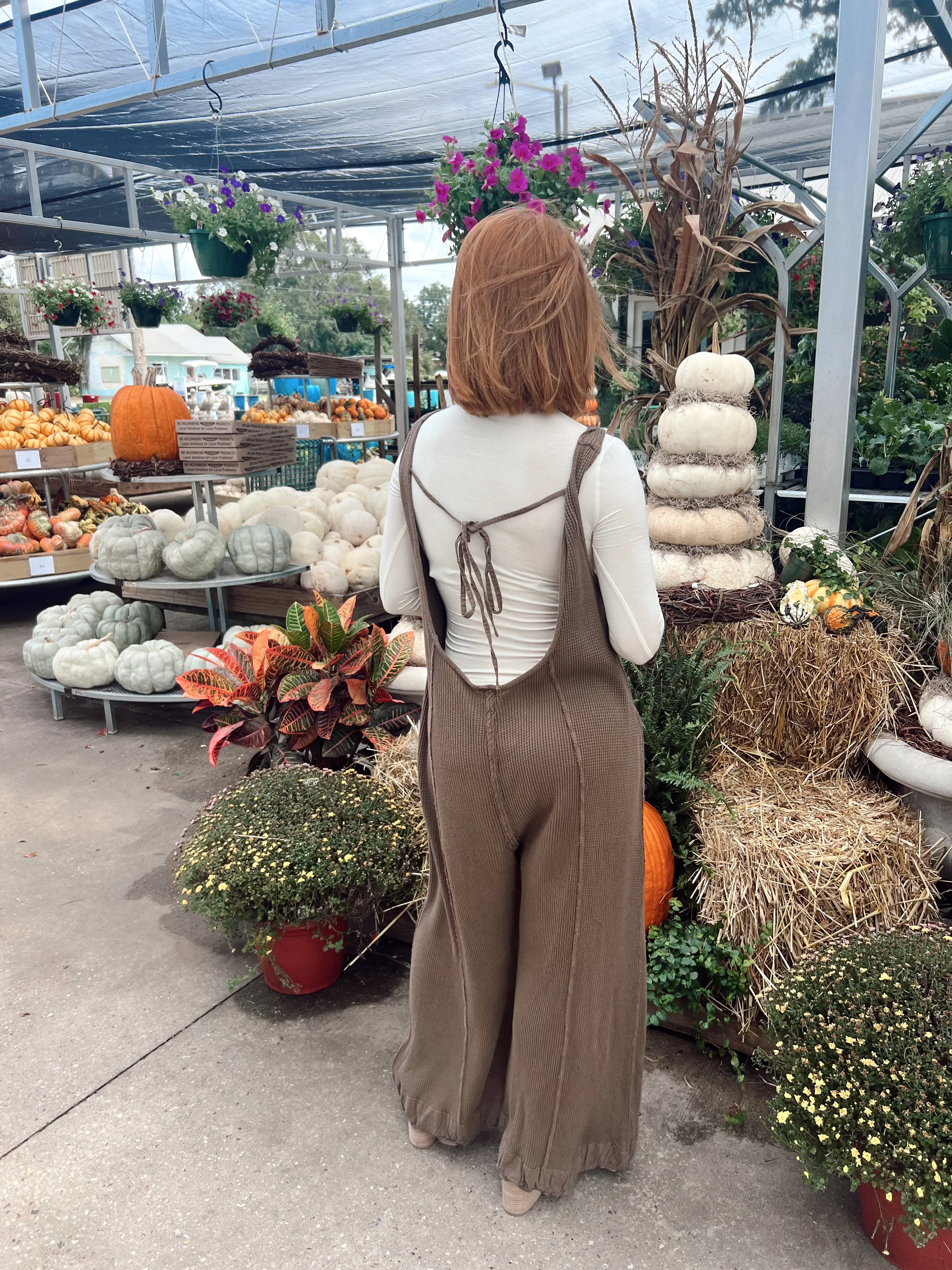 Cappuccino Vintage Washed Waffle Knit Overalls