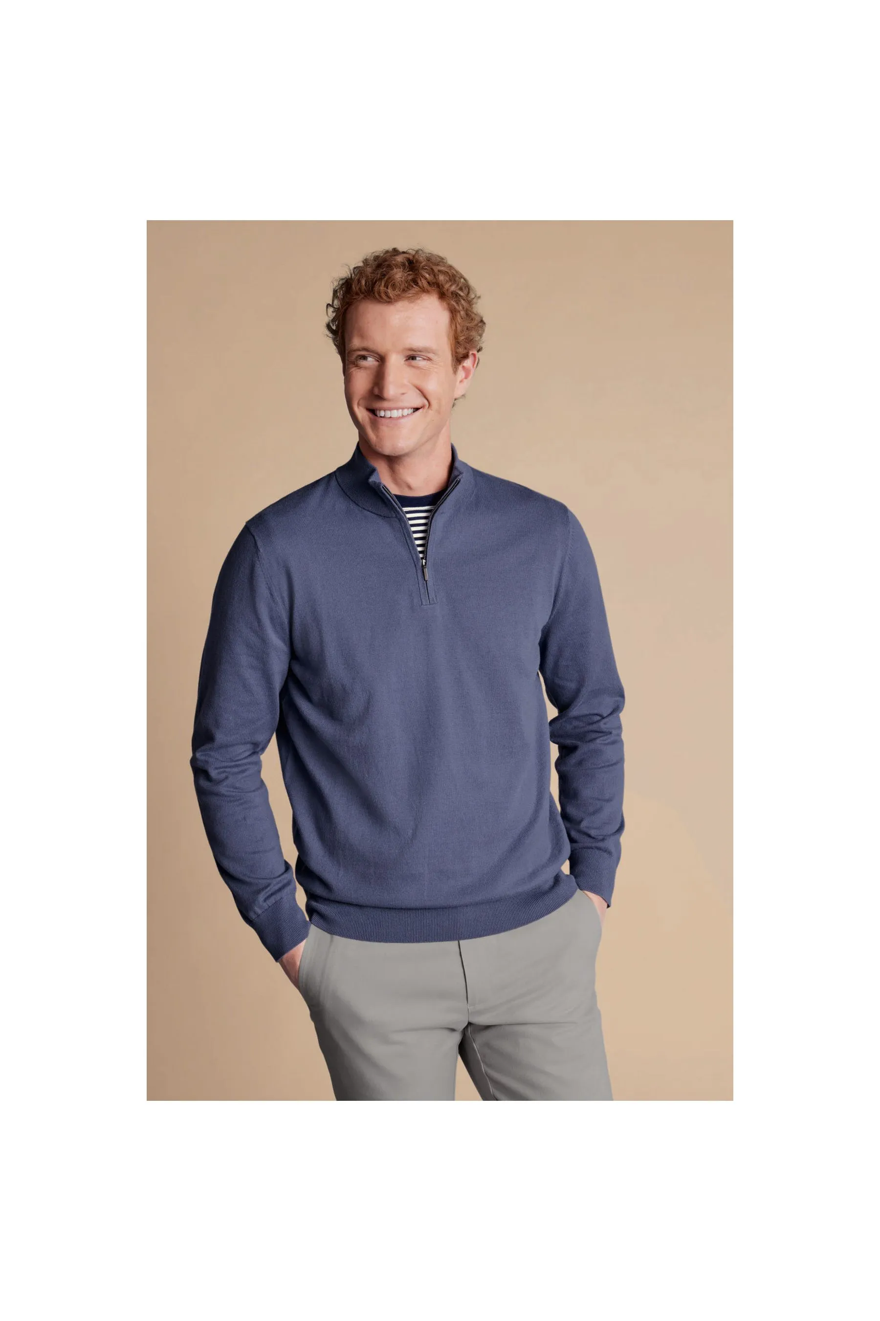 Heather Blue Cotton Zip Neck Jumper