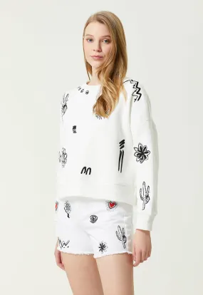 White Embroidered Sweatshirt with Club Crew Neck