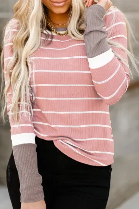 Color Block Cuffs Rib Knit Striped Pullover Pink - Shop Now.