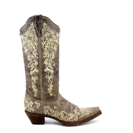 CORRAL BOOTS LADIES BONE FLORAL EMBROIDERY CRATER BROWN