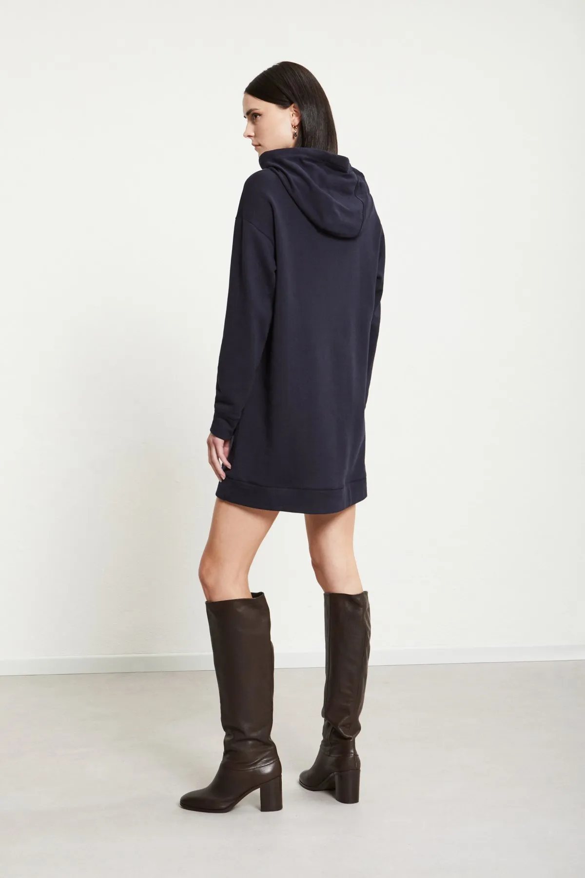 Cotton short dress with drawstring and hood