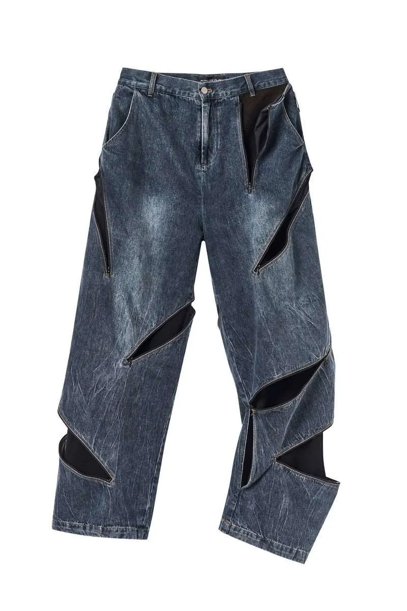 Cut Zipper Washed Jeans