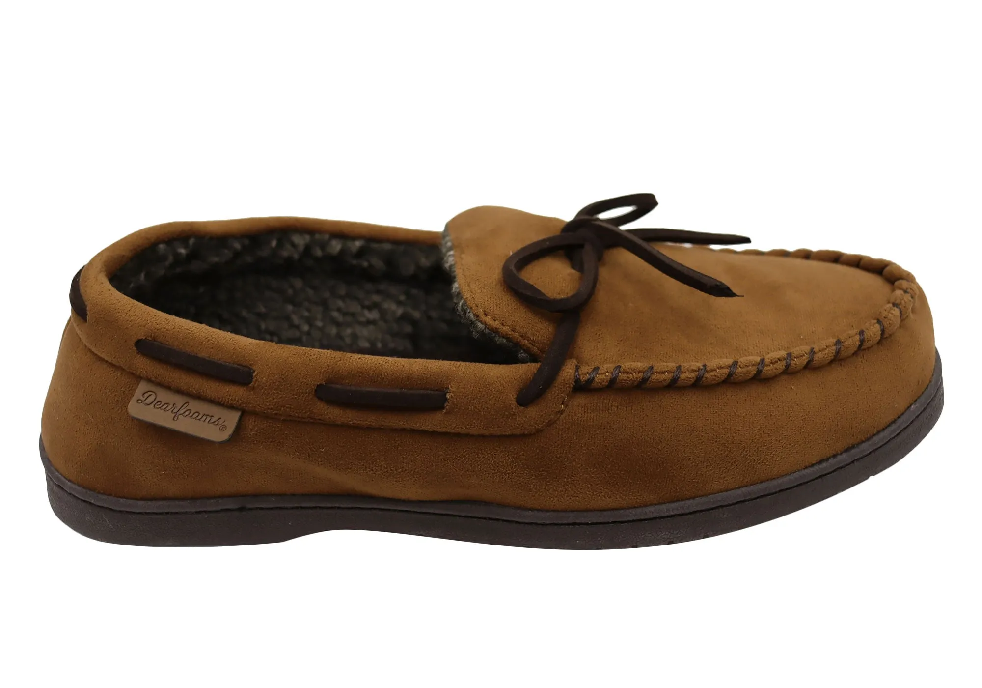 Dearfoams Mens Toby Microsuede Moccasin With Whipstitch & Tie Slippers