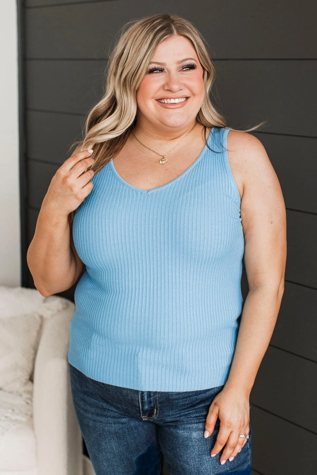 Feeling The Moment Knit Tank Top in Sky Blue