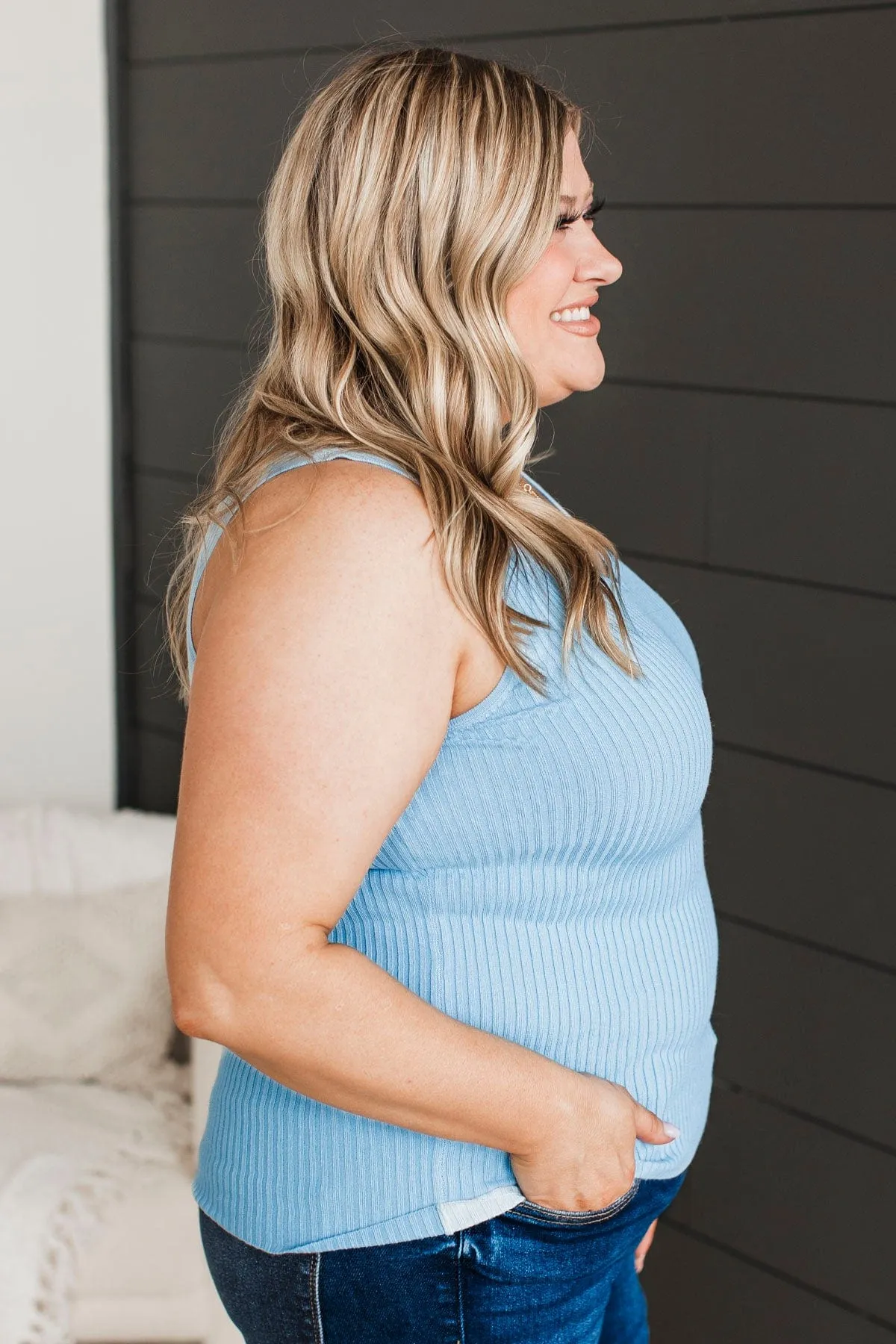 Feeling The Moment Knit Tank Top in Sky Blue