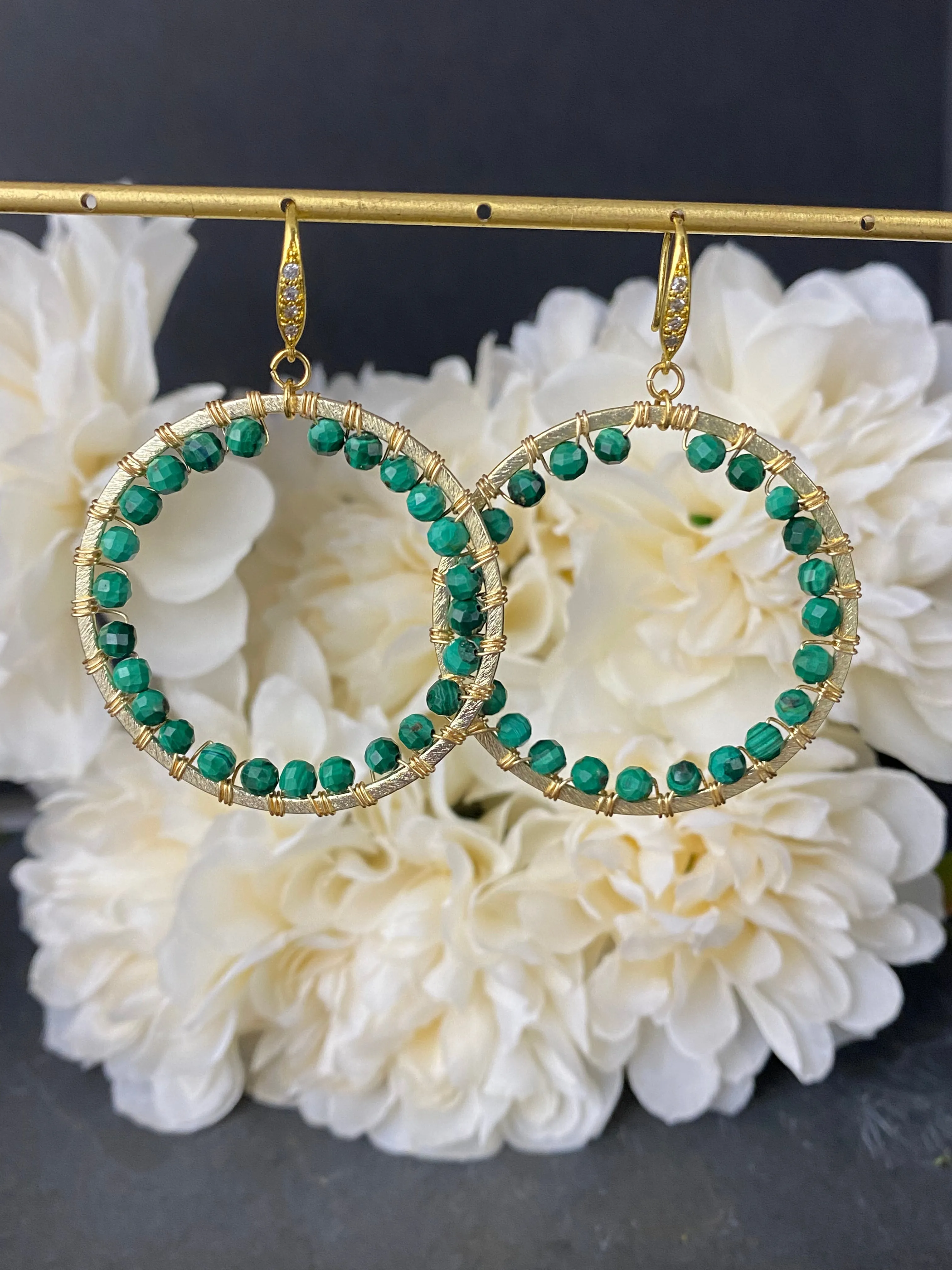 Gold hoop earrings with real green malachite gemstones - jewelry.