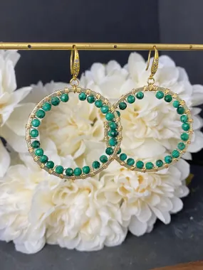 Gold hoop earrings with real green malachite gemstones - jewelry.