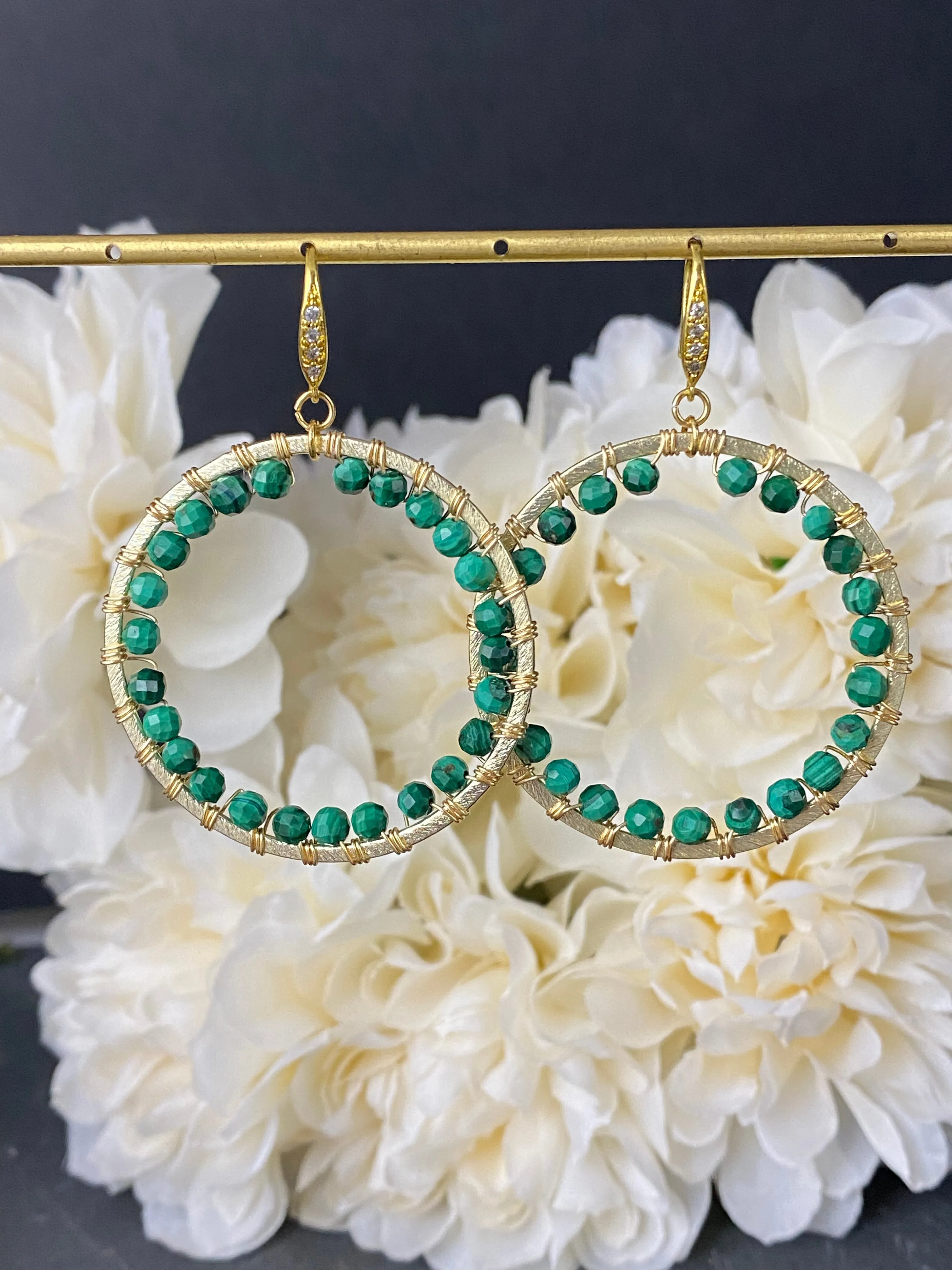 Gold hoop earrings with real green malachite gemstones - jewelry.