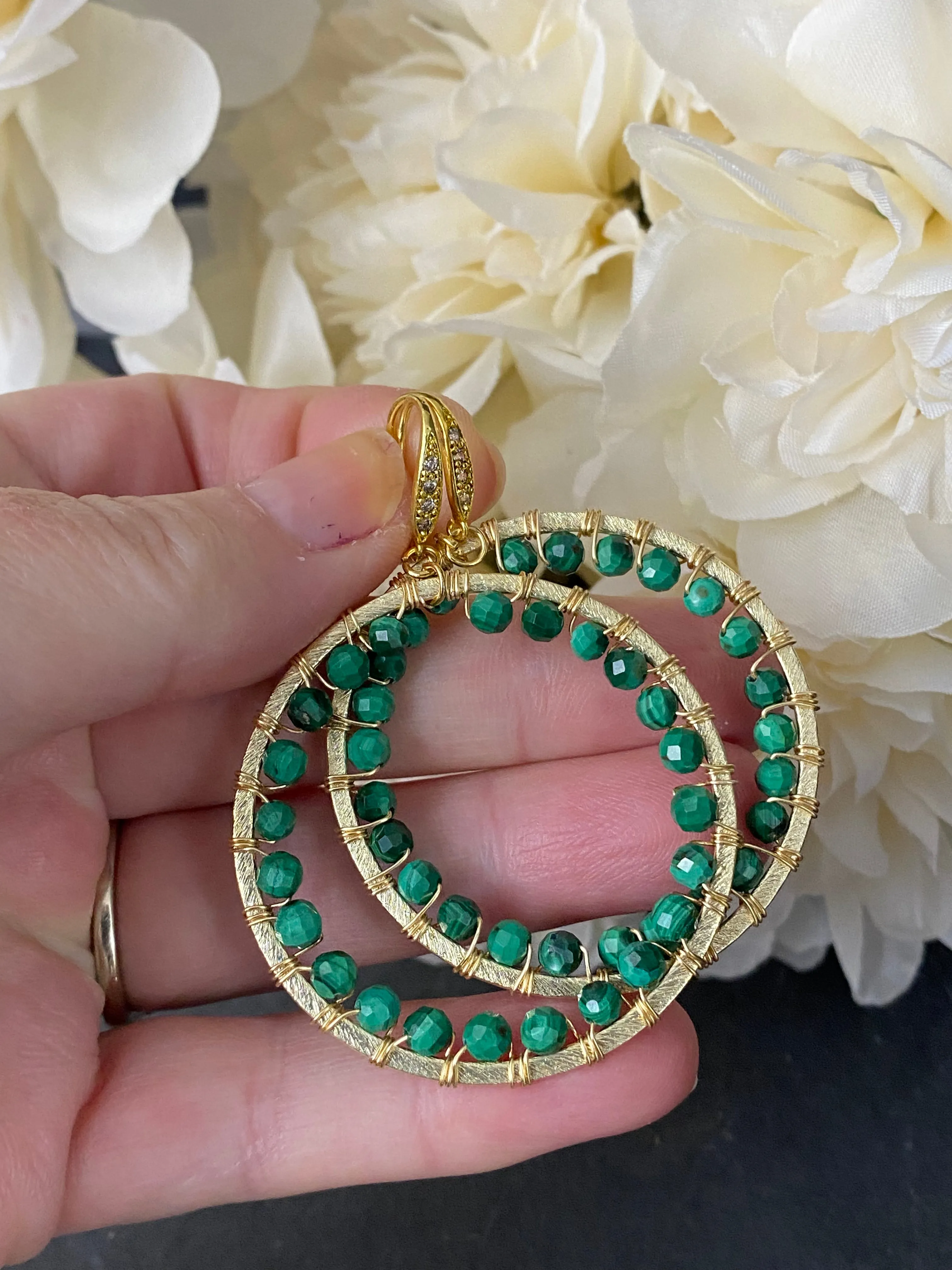 Gold hoop earrings with real green malachite gemstones - jewelry.