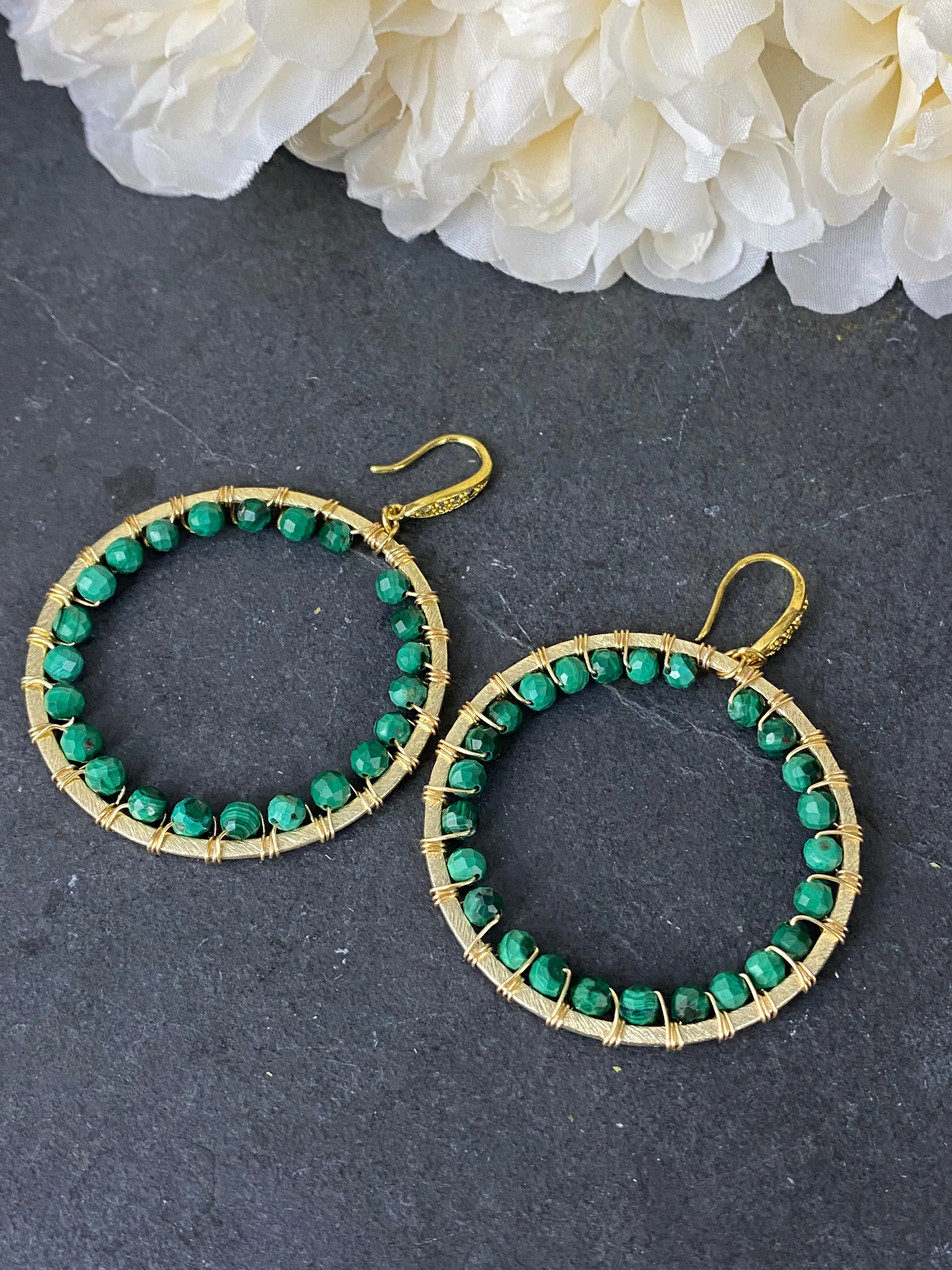 Gold hoop earrings with real green malachite gemstones - jewelry.