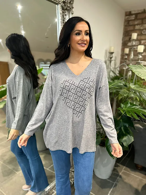 Gray Heart Knit Diamante Gail