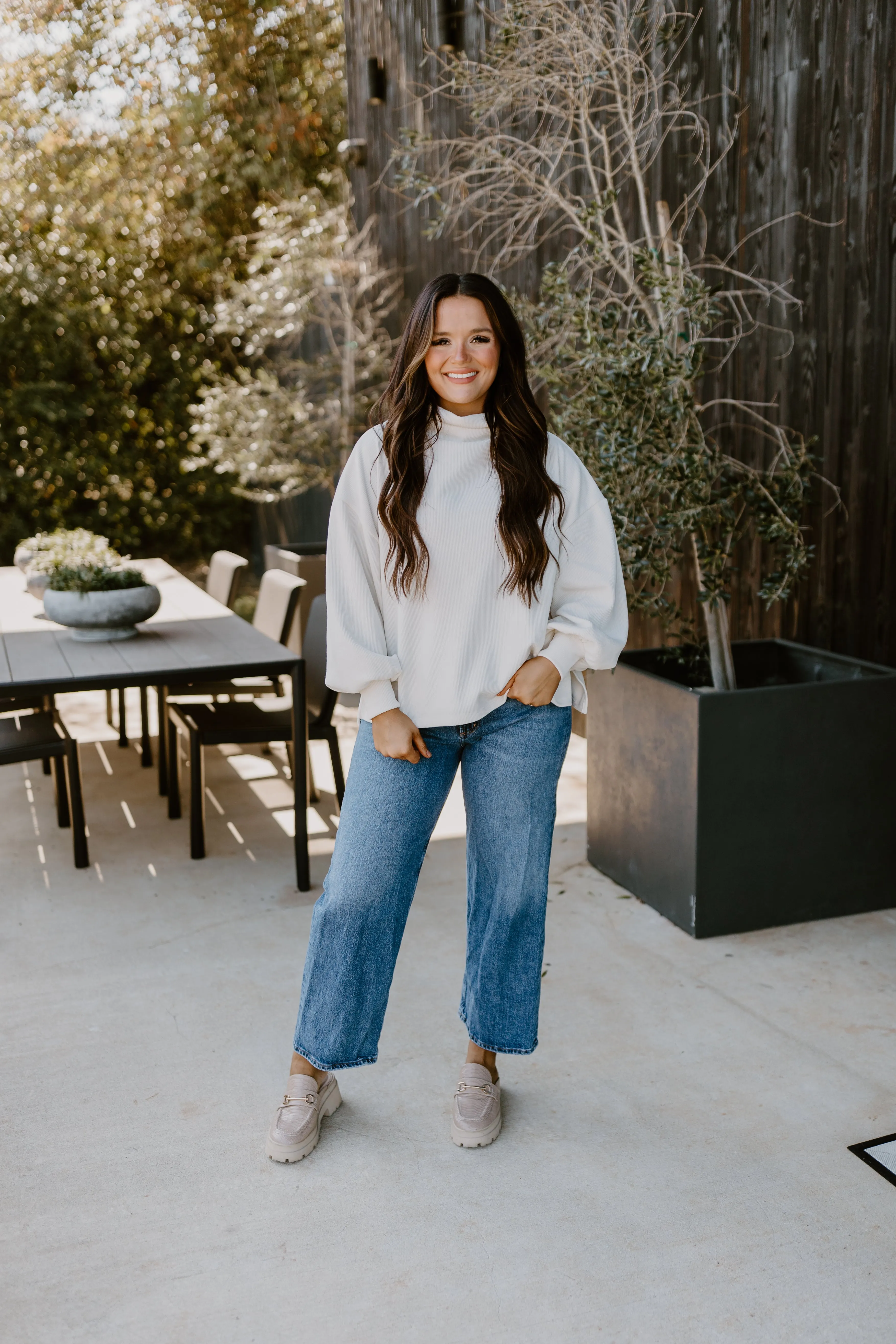 Ivory Mock Neck Balloon Sleeve Knit Top