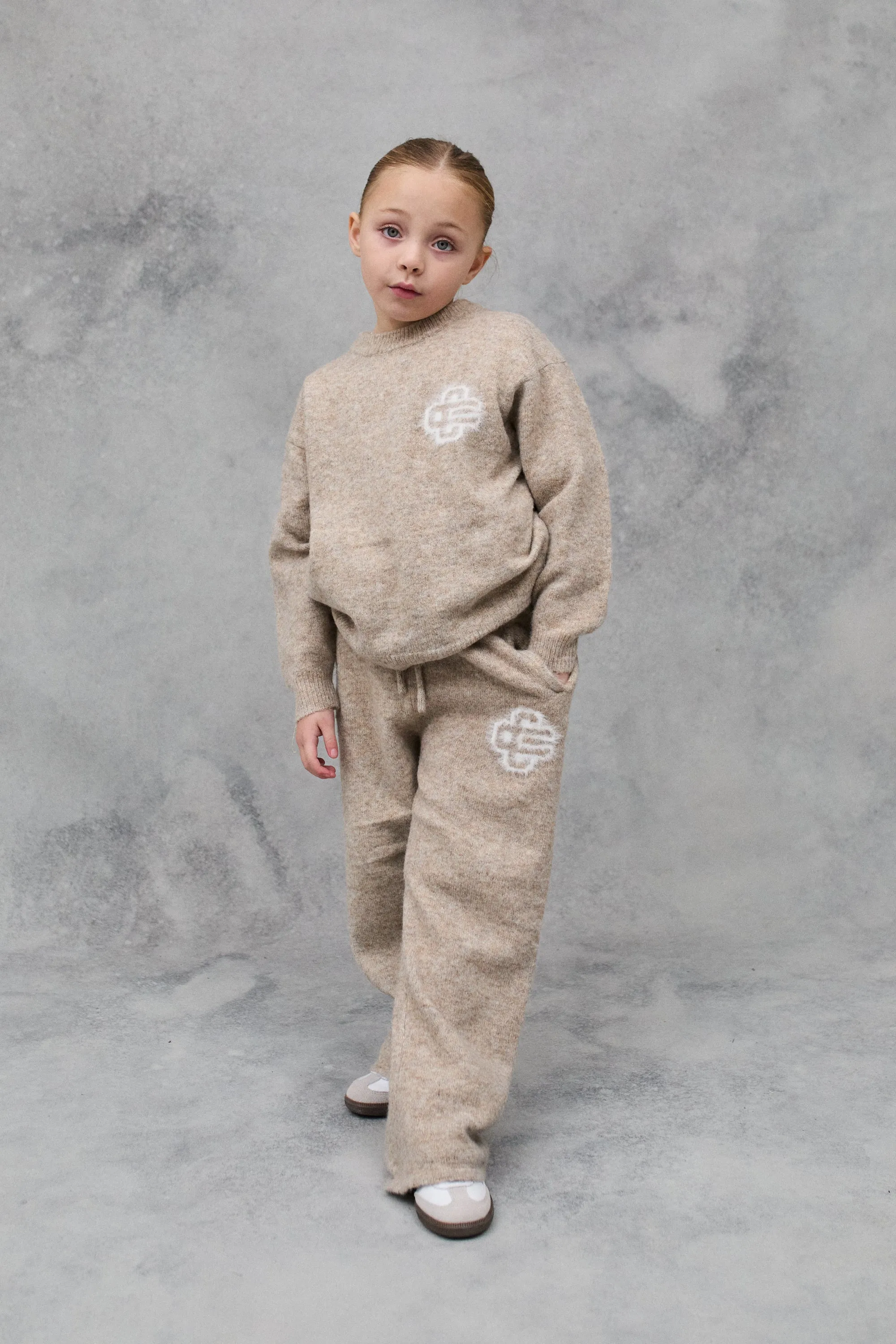 JNR FLUFFY KNIT EMBLEM CREW - BEIGE