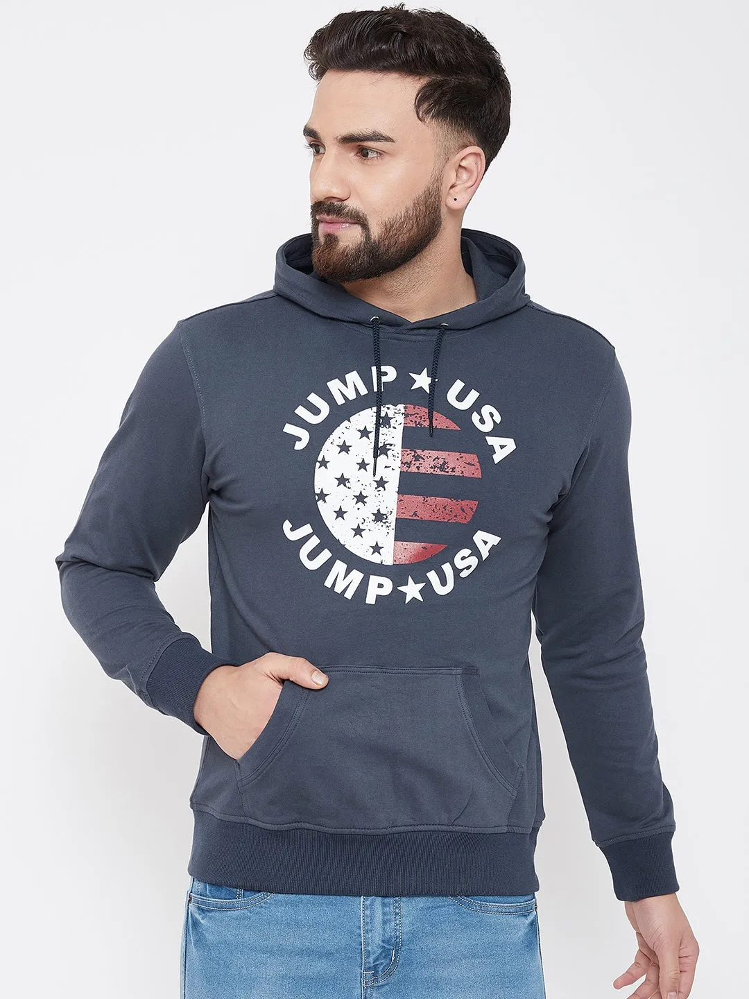 JUMP USA Men Navy Blue Self Design Hooded Sweatshirt