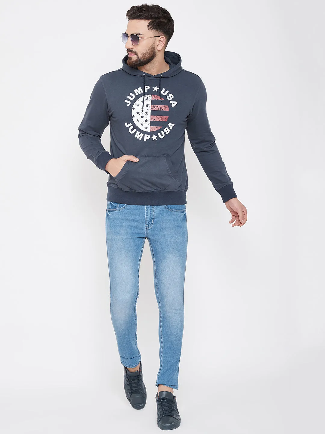 JUMP USA Men Navy Blue Self Design Hooded Sweatshirt